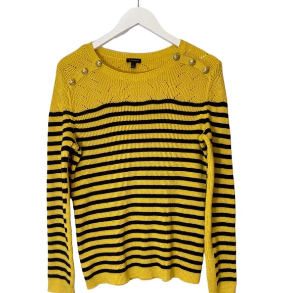 Talbots Women’s Striped Sweater Yellow Navy Gold Buttons Pointelle Neck M - Picture 4 of 4